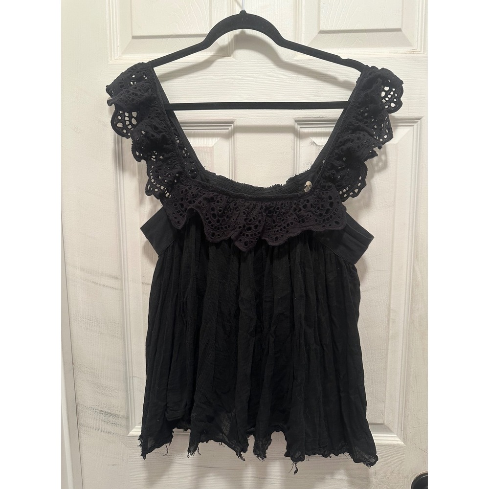 Black Eyelet Lace Ruffle Babydoll Cotton Gauze Boho Top VC-025 Large Goth Fairy